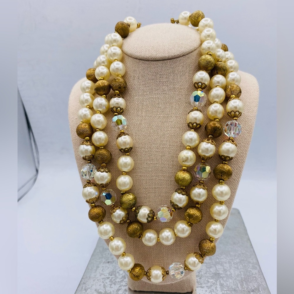 Vintage Lisner Elegant Faux Pearl, Gold Tone & Crystal Beaded Necklace 3 Strands